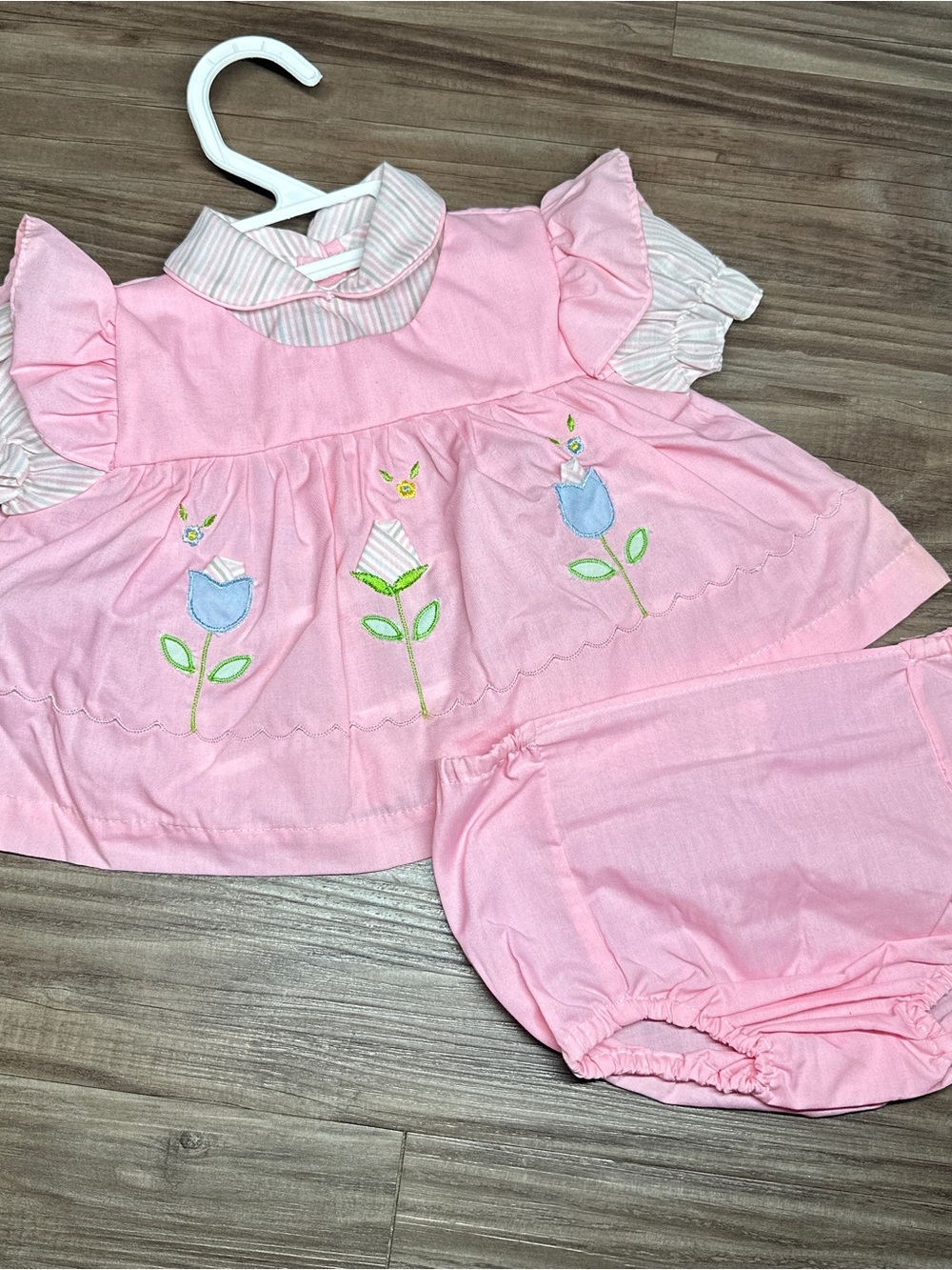Vintage Pink Tulip Smocked 2PC Baby Girl Dress Bloomers with Embroidered Flowers